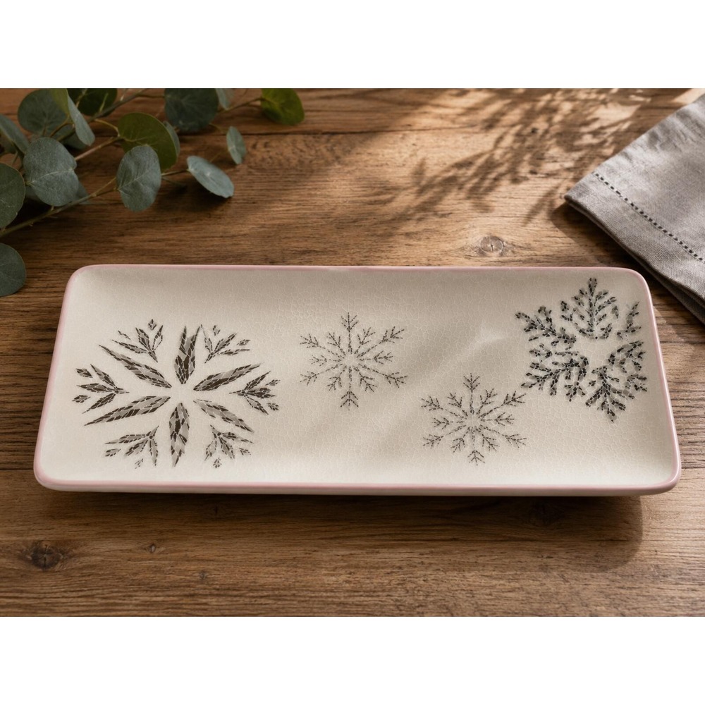 Peppermint & Pine Snowflake Ceramic Rectangular Serving Platter Tray Holiday
